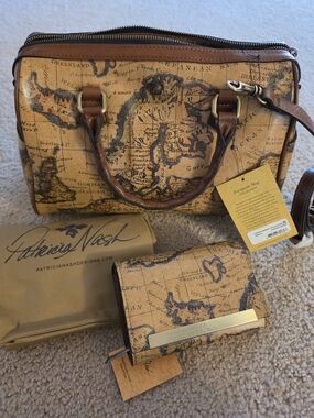 Patricia Nash European Map Leather Satchel and Wallet in Tan and Brown NWT